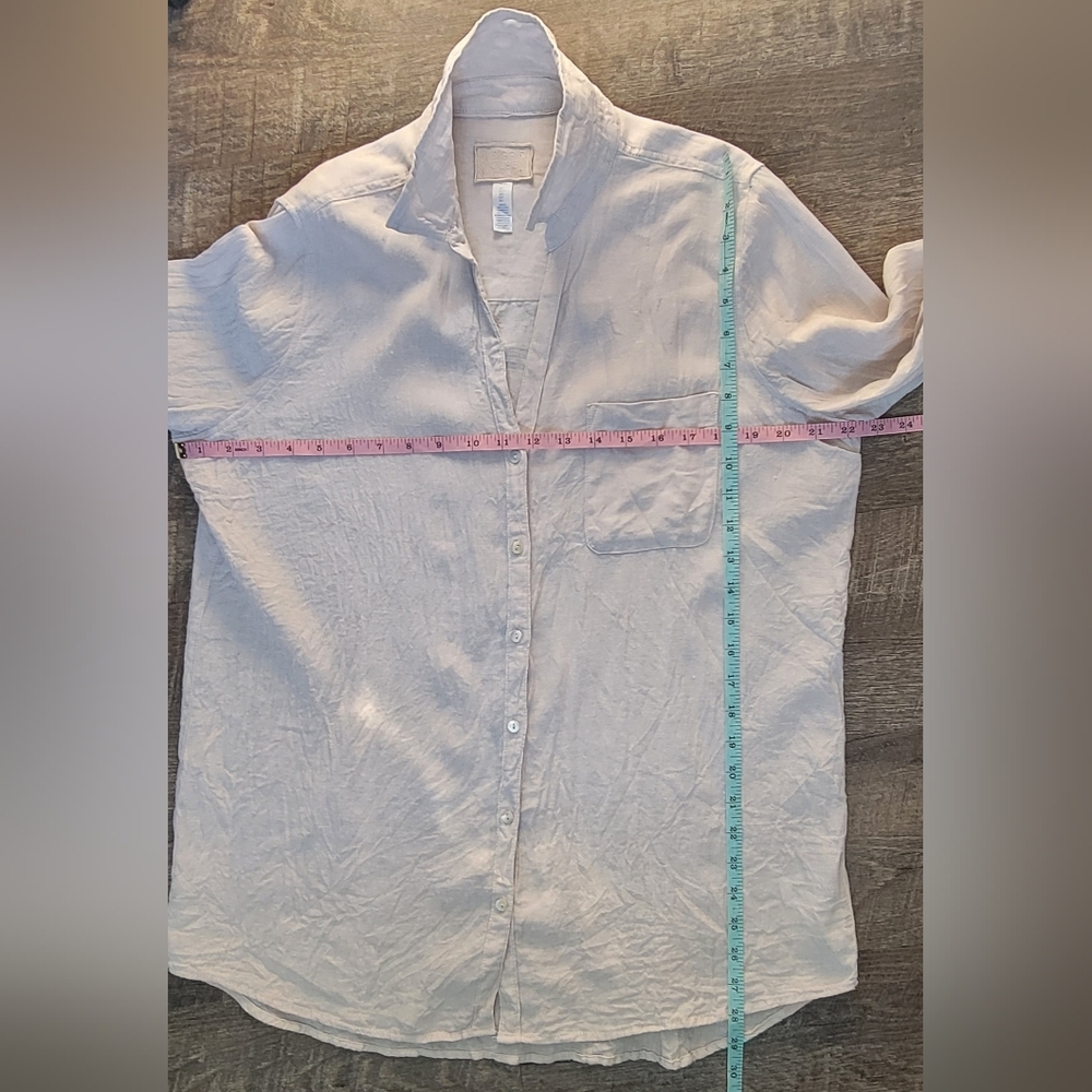 Sigrid Olsen 100% Linen Button Down Shirt Women's L Oatmeal Long Roll Tab Sleeve - Picture 8 of 10